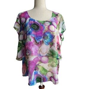 Sheer Bold Floral‎ Tiered Double Layer Cap Sleeve Blouse Top Large